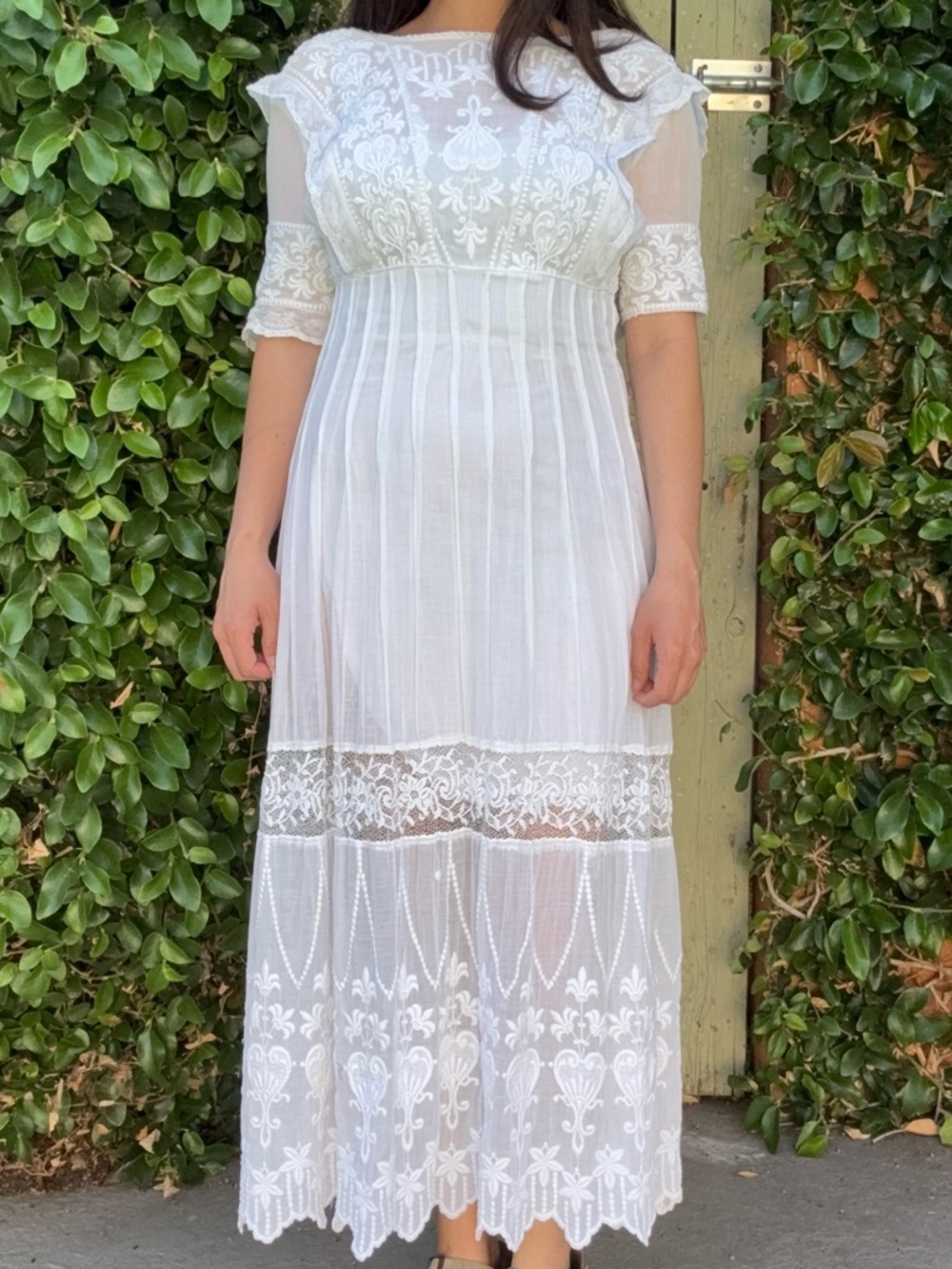 Antique Edwardian 1900s 1910s Cotton Embroidered White Tea Lawn Dress XS